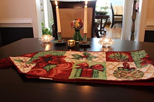 Tache Дома Мода DB12900-1354 Божиќ Зелена Црвена Декоративни Tapestry Празник Вест Poinsettia Табела Тркачи со Tassels, 13 х 54
