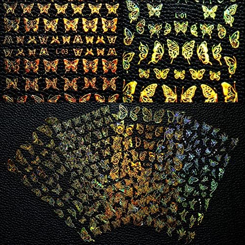 Luluo 8 Листови Помине Уметност Налепници Злато Sliver Пеперутка Нокти Налепници Decals Различни Gummed Помине Лепило Налепници Уметност