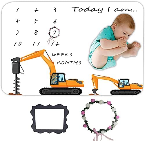 EARVO Бебе Месечна Milestone Ќебе Момче или Девојка Изградба Камион Бебе Месец Ќебе со Венец Рамка Жолта Камион Milestone Ќебе за