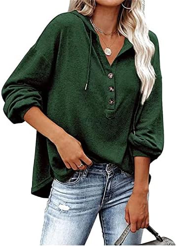 Жените Копчето До Pullover Качулка Sweatshirt Секојдневен Долг Ракав V Вратот Блуза Солидна Боја Опуштено Одговара Плетени Спортски Блузи (Темно Зелена,5X-Large)