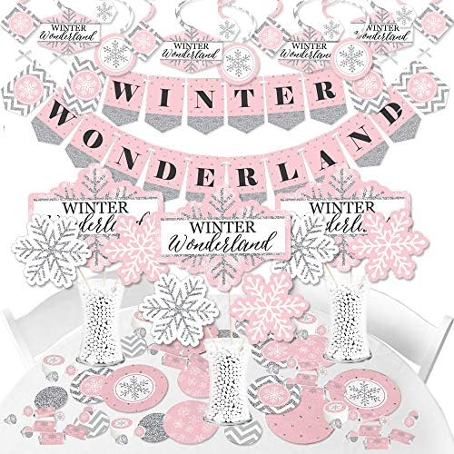 Големата Точка на Среќа Розова Зимски земјата на Чудата - Празник Снегулка Роденден и Бебе Туш Материјали - Банер Декорација Комплет