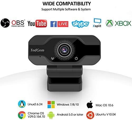 Веб камера, TedGem веб Камера за Лаптоп преку USB, PC Camera веб-Камера со Микрофон за Стриминг Видео Повик и Снимање, Игри, Поддржува